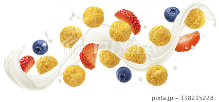 Flying corn balls with milk splash, blueberry and strawberry slices isolated on white background with clipping path 118215228