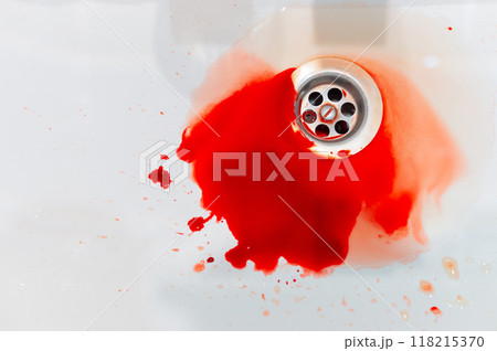 Pool of blood in sink. Background concept of killing injury or bleeding 118215370