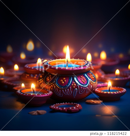 Burning Indian diya lamps with golden ornament on dark blue background 118215422