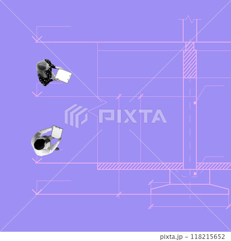 Two people holding clipboards, checking blueprint of building plan, against purple backdrop. Collaborative inspection and project review. Contemporary art collage. Two people holding clipboards, checking blueprint of building plan, against purple backdrop. Collaborative inspection and project review. Contemporary art collage. 118215652