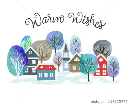 Christmas card with watercolor trees and houses. Vector city winter landscape 118215775