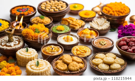 Assorted Indian sweets and savory snacks, arranged for the festive occasions of Dussehra and Diwali 118215944
