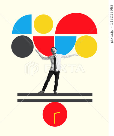 Poster. Contemporary art collage. Man balances on clock against set of bright geometric shapes, as if holding up various tasks or responsibilities. Poster. Contemporary art collage. Man balances on clock against set of bright geometric shapes, as if holding up various tasks or responsibilities. 118215968