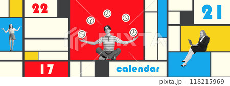 Banner. Contemporary art collage. People work on time-line meditates while clocks float around him, creating interplay between calm and time awareness. Banner. Contemporary art collage. People work on time-line meditates while clocks float around him, creating interplay between calm and time awareness. 118215969