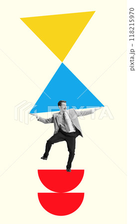 Poster. Contemporary art collage. Man in suit balances geometric shapes above him, conveying act of managing multiple tasks. 118215970