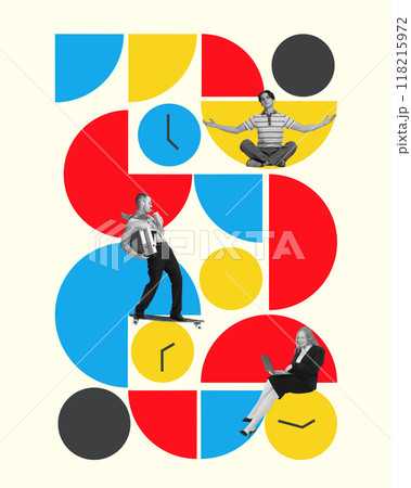Poster. Contemporary art collage. Workers skating, meditating and working in laptop against colorful geometry figures with clocks. 118215972