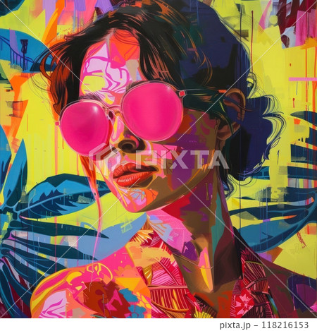 Cool urban art featuring a chic woman in vibrant colors and bold pink sunglasses 118216153
