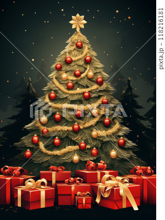 Winter scene with a Christmas tree and a bunch of gifts. Christmas greeting card in vintage style. Digital art 118216181