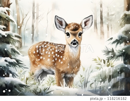 Christmas greeting card in vintage style. Watercolor drawing of a cute deer in a snowy winter forest. Winter scene. 118216182
