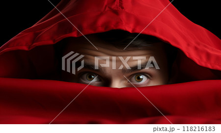 The expressive gaze of a young man peeks from behind a red cape. Christmas mood. Fright. 118216183