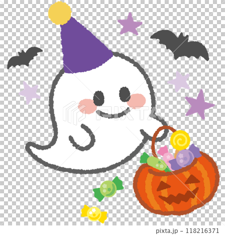 Cute Halloween illustration: A ghost holding candy in a jack-o-lantern basket 118216371