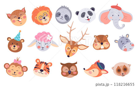 illustration showcases a whimsical collection of adorable animal faces, designed for children s decor and apparel, featuring a variety of expressions and accessories 118216655