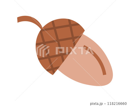 Stylized illustration of an acorn, featuring a textured cap and a smooth, rounded nut in warm earthy tones, creating a simple naturalistic icon Stylized illustration of an acorn, featuring a textured cap and a smooth, rounded nut in warm earthy tones, creating a simple naturalistic icon 118216660