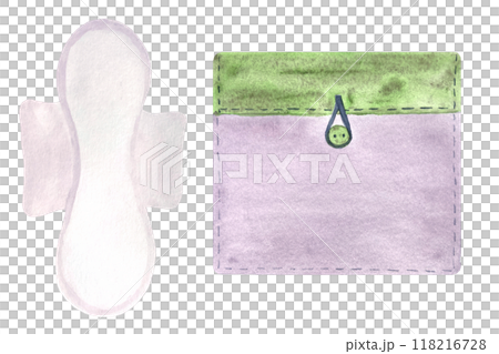 A period pad with a light purple-green cover set, watercolor illustration of menstrual protection items isolated on white. Ideal for ads, packaging, blogs about sustainable lifestyle and choices of a A period pad with a light purple-green cover set, watercolor illustration of menstrual protection items isolated on white. Ideal for ads, packaging, blogs about sustainable lifestyle and choices of a 118216728