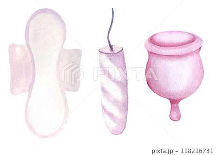 A period pad, menstrual cup, tampon watercolor set isolated on white. Perfect for comprehensive menstrual care design, for ads, packaging, blogs about sustainable lifestyle and choices of a modern 118216731