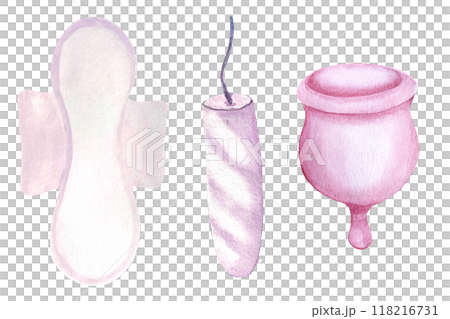 A period pad, menstrual cup, tampon watercolor set isolated on white. Perfect for comprehensive menstrual care design, for ads, packaging, blogs about sustainable lifestyle and choices of a modern 118216731