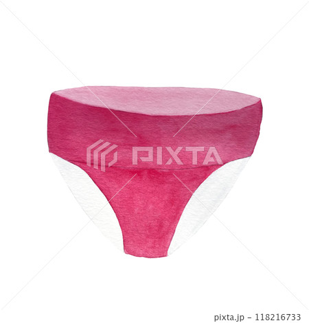 A pink period panties watercolor illustration isolated on white. The soft, breathable fabric for all-day protection during menstruation. Ideal for ads, packages, blogs about sustainable lifestyle 118216733