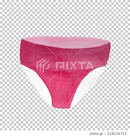 A pink period panties watercolor illustration isolated on white. The soft, breathable fabric for all-day protection during menstruation. Ideal for ads, packages, blogs about sustainable lifestyle 118216733