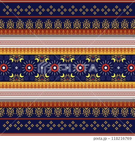 Floral cross stitch embroidery on background.geometric ethnic oriental seamless pattern traditional.Aztec style abstract illustration.design for texture,fabric,clothing,wrapping,print Floral cross stitch embroidery on background.geometric ethnic oriental seamless pattern traditional.Aztec style abstract illustration.design for texture,fabric,clothing,wrapping,print 118216769