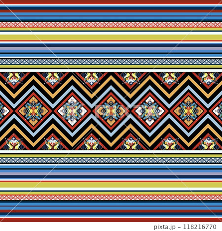 Floral cross stitch embroidery on background.geometric ethnic oriental seamless pattern traditional.Aztec style abstract illustration.design for texture,fabric,clothing,wrapping,print Floral cross stitch embroidery on background.geometric ethnic oriental seamless pattern traditional.Aztec style abstract illustration.design for texture,fabric,clothing,wrapping,print 118216770