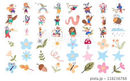 Whimsical collection of illustrated animal musicians paired with delightful nature elements, including colorful flowers, leaves, and whimsical weather icons Whimsical collection of illustrated animal musicians paired with delightful nature elements, including colorful flowers, leaves, and whimsical weather icons 118216788
