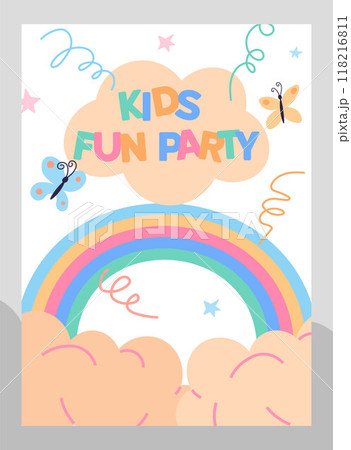 This festive invitation design features a colorful rainbow, smiling clouds, and playful butterflies, perfect for setting the tone for a kids fun party This festive invitation design features a colorful rainbow, smiling clouds, and playful butterflies, perfect for setting the tone for a kids fun party 118216811