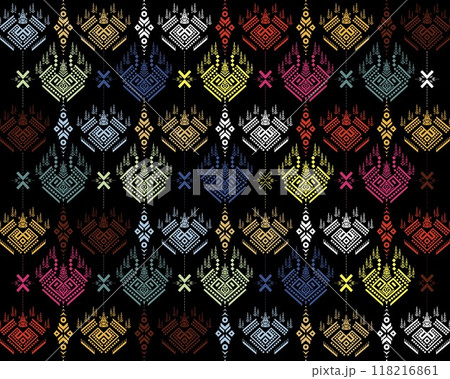 Geometric abstract ikat ethnic pattern design, geometric ethnic oriental pattern traditional.Aztec style abstract, design for texture,fabric,clothing,wrapping,decoration,scarf, Seamless damask 118216861