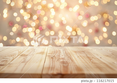 Christmas light countertop. Empty wood table top counter with abstract warm Xmas light blur background with festive golden bokeh. Holiday backdrop, mock up banner display. Advertise, montage product 118217015