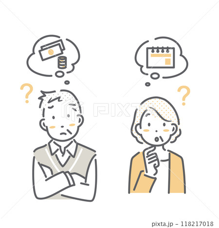 費用や期間を不安に思うシニア夫婦　シンプルでお洒落な線画イラスト 118217018