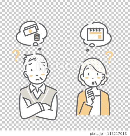 費用や期間を不安に思うシニア夫婦　シンプルでお洒落な線画イラスト 118217018