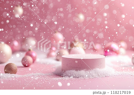 Podium for Cosmetic Product Presentation Show with Christmas Golden Balls. Abstract Winter Decorated Minimal Cylinder One Form, Shadow. Showcase Display Case Scene Stand. Snow, Pink Backdrop. New Year 118217019