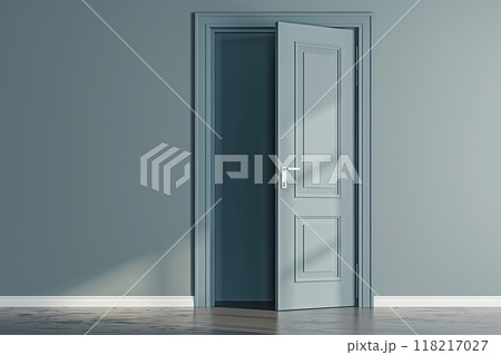 Doors for modern interior. Closed wooden door, metallic handle in the empty room. Copy space. Panel door, gray wall, white baseboard and wood floor. Element of apartment design. Swing interior door. 118217027