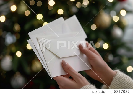 Female hand holding an white envelope over Christmas tree lights background with copyspace. Surprise, present, greeting card concept. Mailing. Christmas mail. Letters to Santa. Holiday card. Xmas wish 118217087