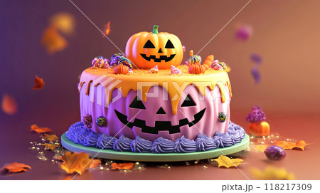 Spooky yet sweet, this Halloween cake with a pumpkin topper and vibrant icing is perfect for your festive 118217309