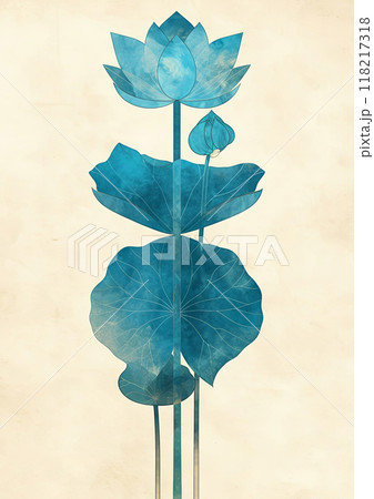 Elegant blue lotus flower illustration, featuring detailed leaves and ethereal petals 118217318
