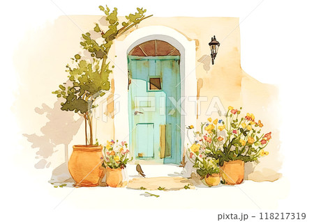 Charming watercolor scene of a turquoise door 118217319