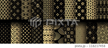 Geometric floral set of seamless patterns. Golden and black vector backgrounds. Damask graphic ornaments Geometric floral set of seamless patterns. Golden and black vector backgrounds. Damask graphic ornaments 118217458