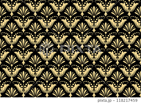 Wallpaper in the style of Baroque. Seamless vector background. Golden and black floral ornament. Graphic pattern for fabric, wallpaper, packaging. Ornate Damask flower ornament Wallpaper in the style of Baroque. Seamless vector background. Golden and black floral ornament. Graphic pattern for fabric, wallpaper, packaging. Ornate Damask flower ornament 118217459