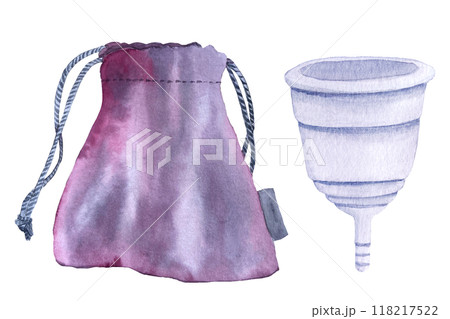 A menstrual cup and a fabric storage pouch watercolor set isolated on white. Great for eco-friendly menstrual care design, ads, packaging, blogs about sustainable lifestyle of modern women A menstrual cup and a fabric storage pouch watercolor set isolated on white. Great for eco-friendly menstrual care design, ads, packaging, blogs about sustainable lifestyle of modern women 118217522