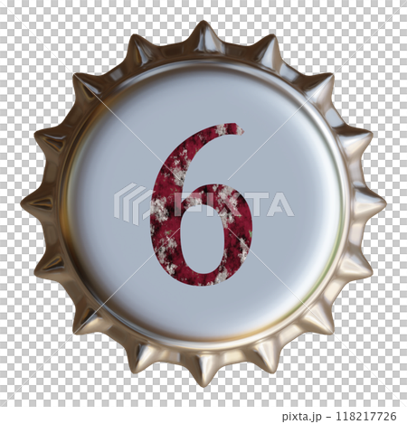 銀色金屬瓶蓋上寫著數字 6。啤酒瓶蓋。 118217726