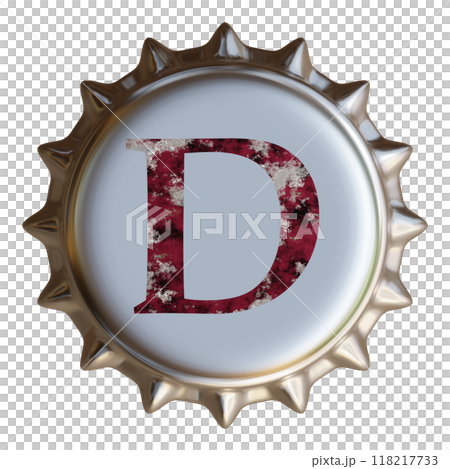 銀色の金属製ボトルキャップに書かれたアルファベットのD。ビール瓶のボトルキャップ。 118217733