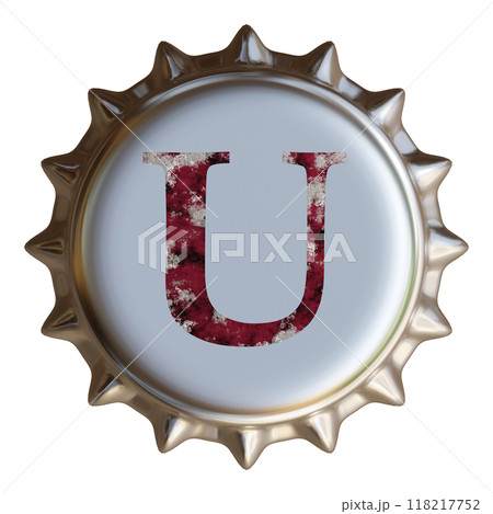 銀色の金属製ボトルキャップに書かれたアルファベットのU。ビール瓶のボトルキャップ。 銀色の金属製ボトルキャップに書かれたアルファベットのU。ビール瓶のボトルキャップ。 118217752