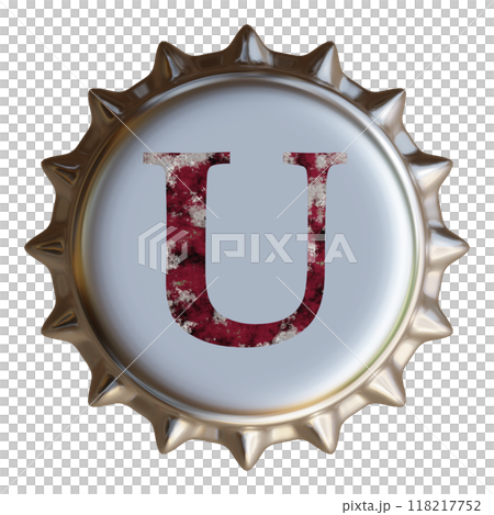 銀色の金属製ボトルキャップに書かれたアルファベットのU。ビール瓶のボトルキャップ。 銀色の金属製ボトルキャップに書かれたアルファベットのU。ビール瓶のボトルキャップ。 118217752