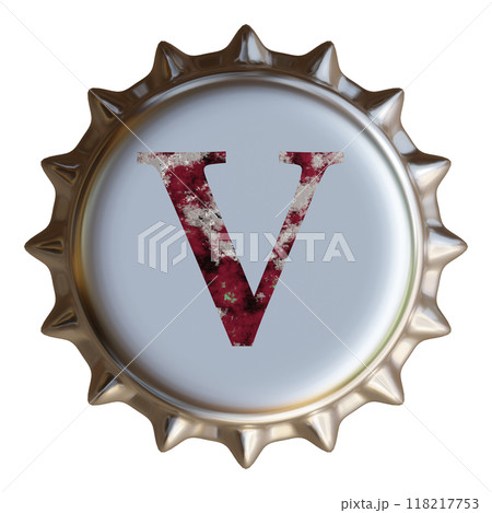 銀色の金属製ボトルキャップに書かれたアルファベットのV。ビール瓶のボトルキャップ。 118217753