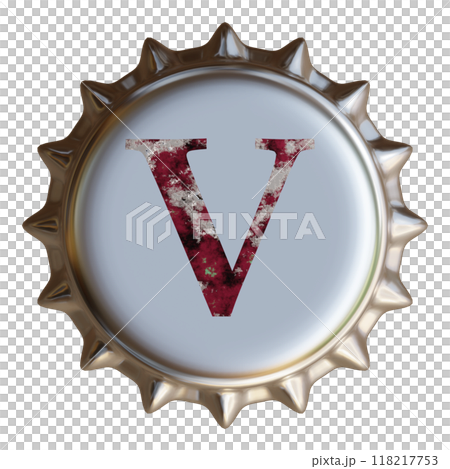 銀色の金属製ボトルキャップに書かれたアルファベットのV。ビール瓶のボトルキャップ。 118217753