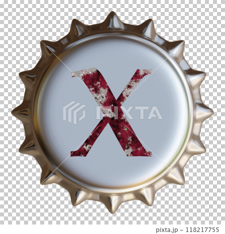 銀色金屬瓶蓋上寫有字母 X。啤酒瓶蓋。 銀色金屬瓶蓋上寫有字母 X。啤酒瓶蓋。 118217755