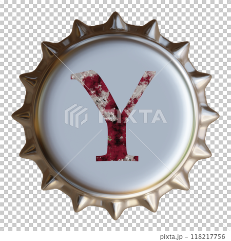 銀色金屬瓶蓋上寫著字母 Y。啤酒瓶蓋。 銀色金屬瓶蓋上寫著字母 Y。啤酒瓶蓋。 118217756