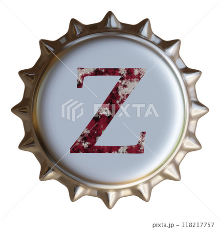 銀色の金属製ボトルキャップに書かれたアルファベットのZ。ビール瓶のボトルキャップ。 銀色の金属製ボトルキャップに書かれたアルファベットのZ。ビール瓶のボトルキャップ。 118217757