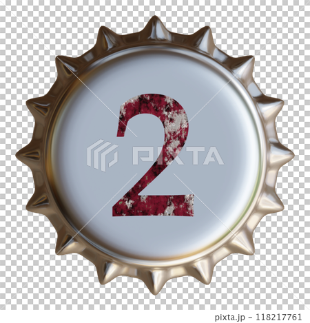 銀色金屬瓶蓋上寫著數字 2。啤酒瓶蓋。 銀色金屬瓶蓋上寫著數字 2。啤酒瓶蓋。 118217761