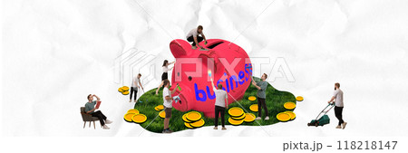 Group of people around large piggy bank in field of coins, reflecting common effort required to sustain healthy and profitable business venture. Contemporary art collage. Group of people around large piggy bank in field of coins, reflecting common effort required to sustain healthy and profitable business venture. Contemporary art collage. 118218147